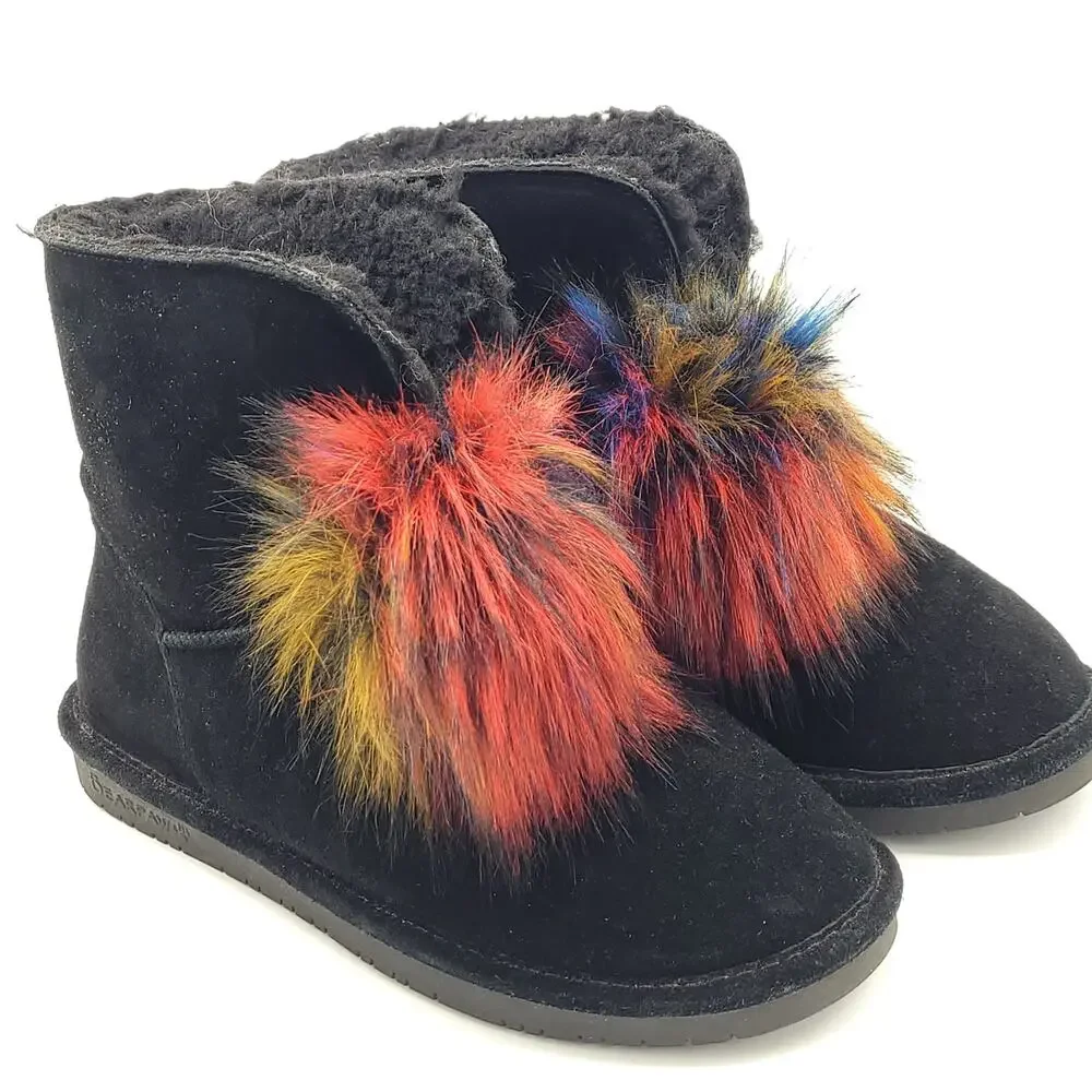 BEARPAW boots Libby Suede Sheepskin wool Black Multicolor Pom Size 9